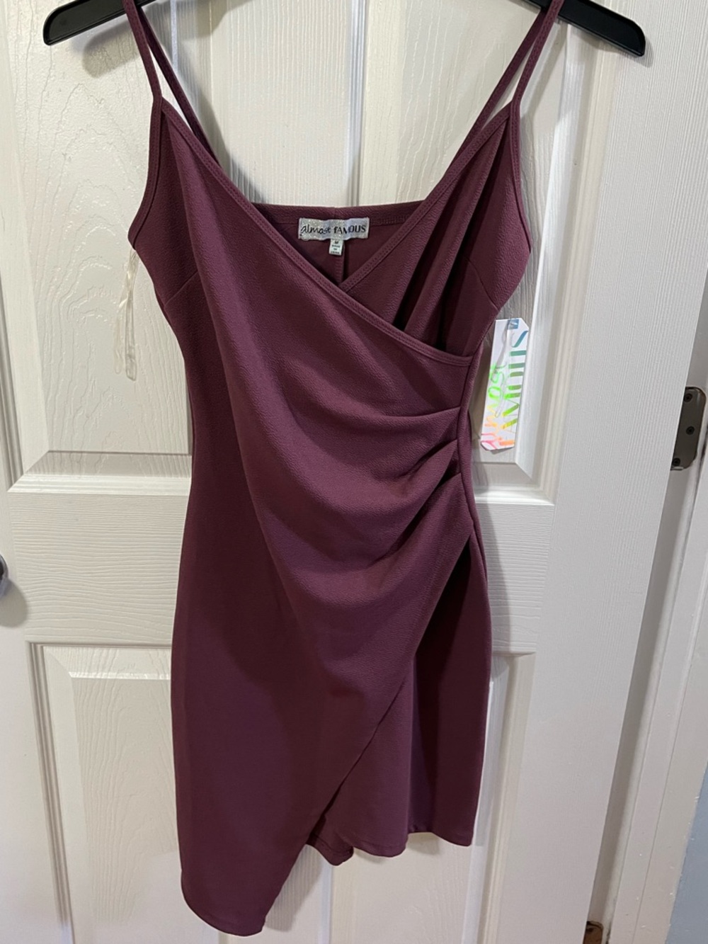 Almost Famous Mauve Sleeveless Asymmetrical Wrap Bodycon Dress wSpaghetti straps